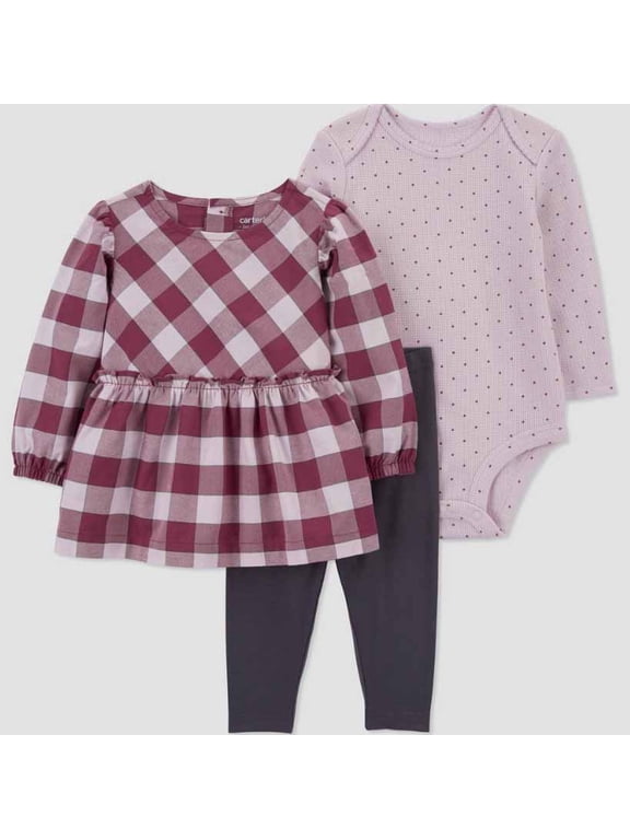 Just One You Baby Girls' 3 Pc Gingham Polka Dot Top & Bottom Set - Purple/Pink- (12 Months)