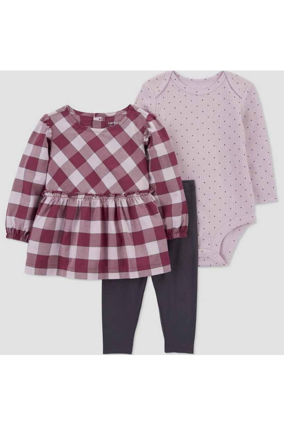 Just One You Baby Girls' 3 Pc Gingham Polka Dot Top & Bottom Set - Purple/Pink- (9 Months)