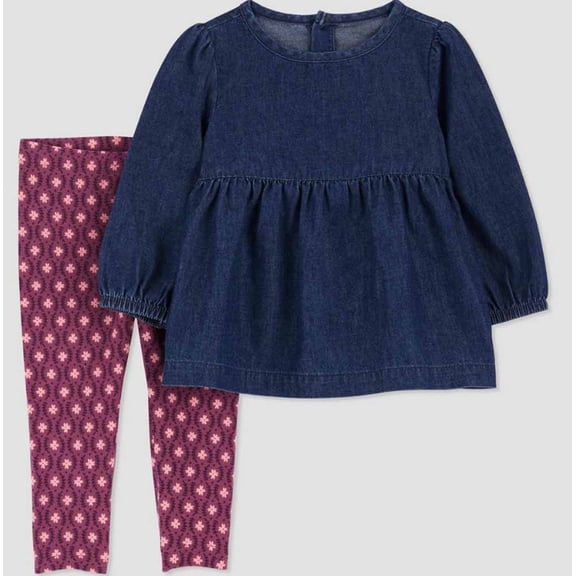 Carter's Just One You Baby Girls' Dark Chambray Denim Top & Floral Bottom Set - Blue/Purple- (3 Months)