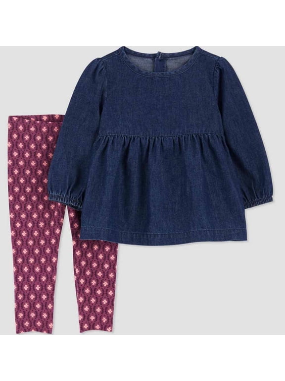 Just One You Baby Girls' Dark Chambray Denim Top & Floral Bottom Set - Blue/Purple- (3 Months)
