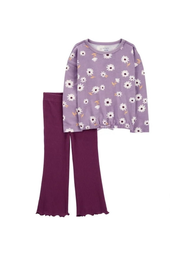 Little Girl's 2 Piece Playwear Outfit Set, 1 Top and 1 Bottom (Purple Daisy Flare, 2T)