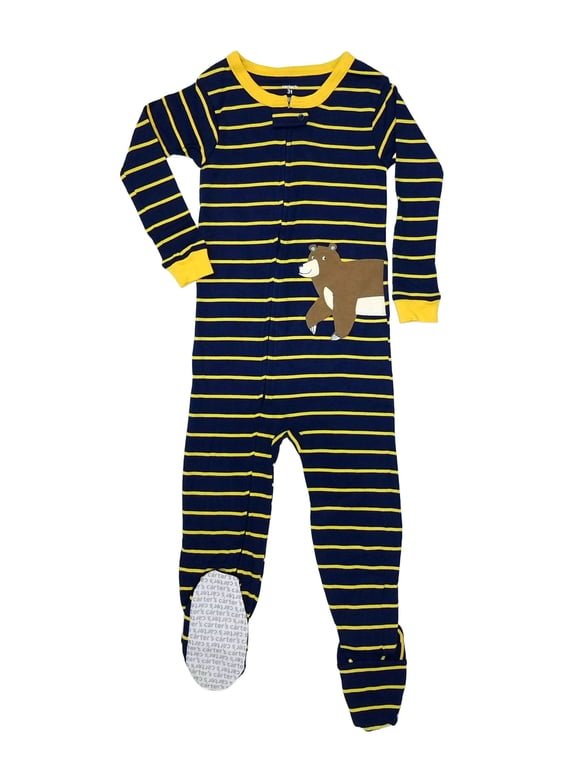 Navy Striped Grizzly Bear Cotton Footed Pajama Sleeper, Size 4T