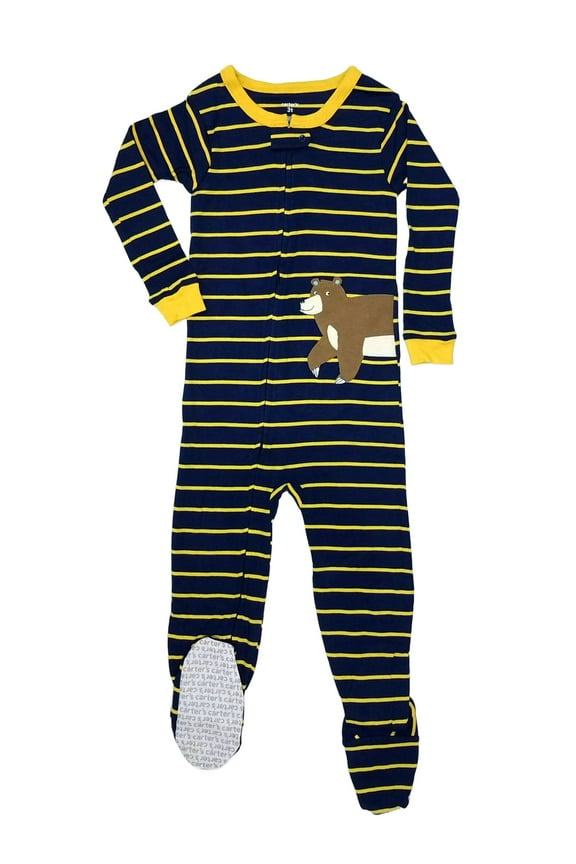 Navy Striped Grizzly Bear Cotton Footed Pajama Sleeper, Size 4T