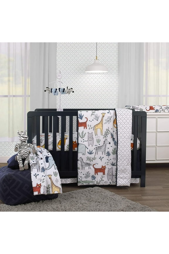 Safari Party 4 Piece Crib Bedding Set - Comforter, Fitted Sheet, Dust Ruffle & Baby Blanket