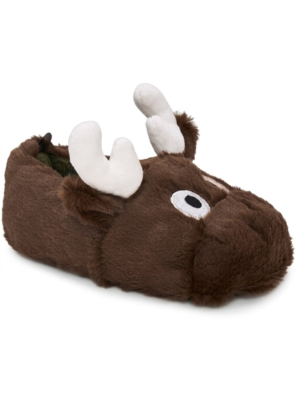 Toddler Boy Brown Moose Plush Slippers House Shoes Size XS 3-4
