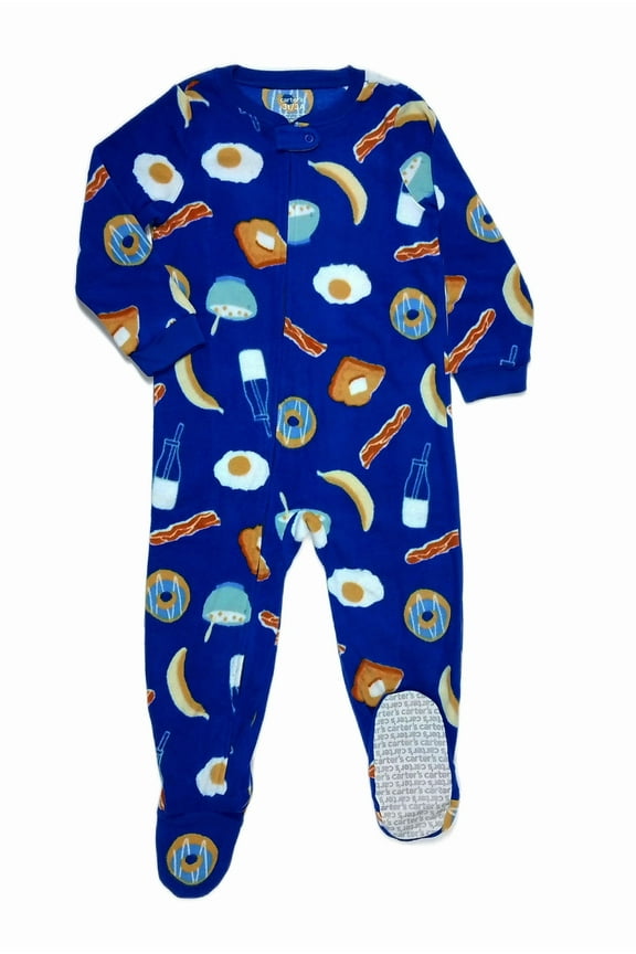Toddler Boy's Breakfast Food Print Blue Fleece Footed Pajama Sleeper, Size 2T