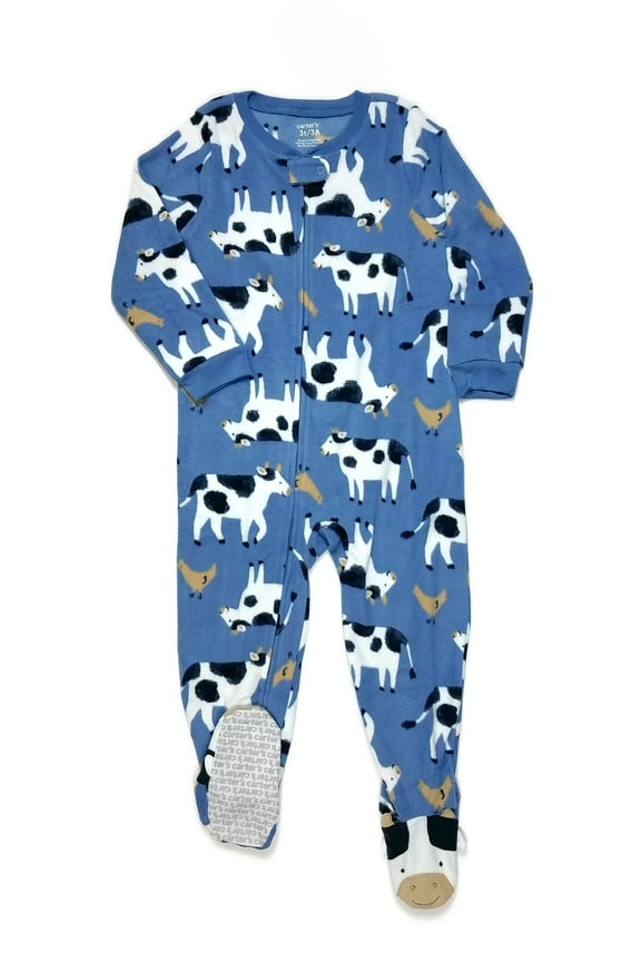 Toddler Boy's Cow Animal Print Blue Fleece Footed Pajama Sleeper, Size 5T