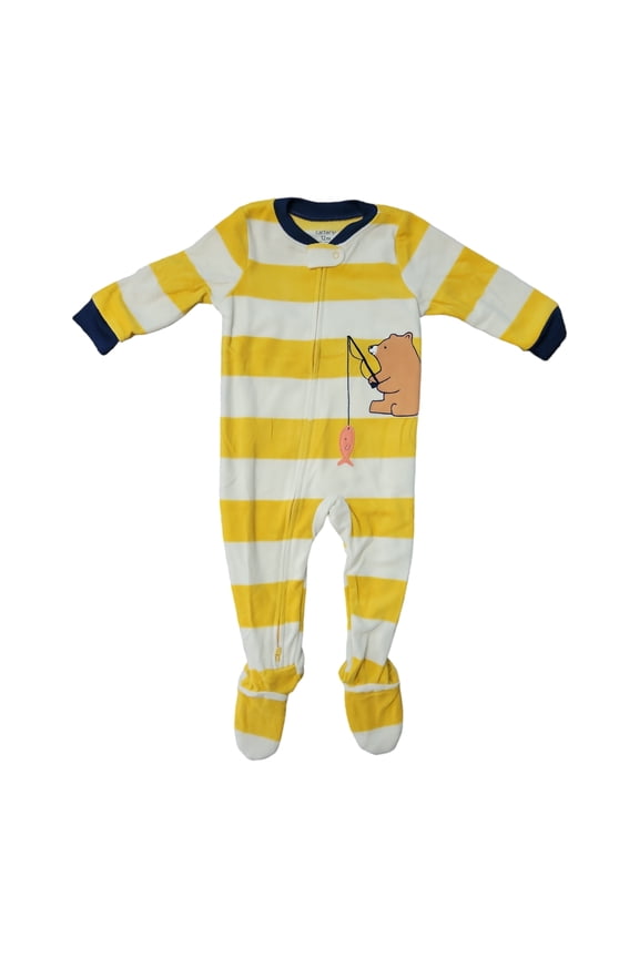 Toddler Boy's Striped Fishing Bear Fleece Footed Pajama Sleeper, Size 3T