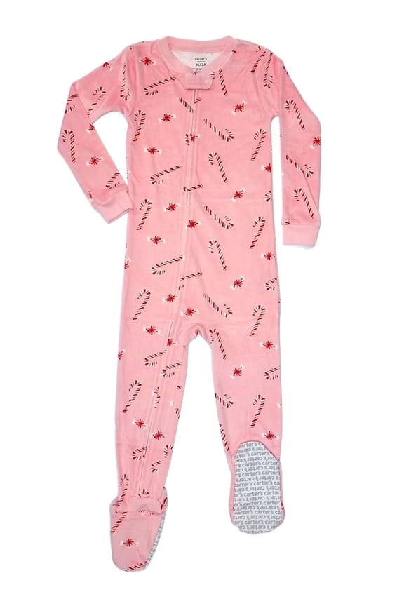 Toddler Girl's Pink Peppermint Holiday Velour Footed Pajama Sleeper, Size 5T