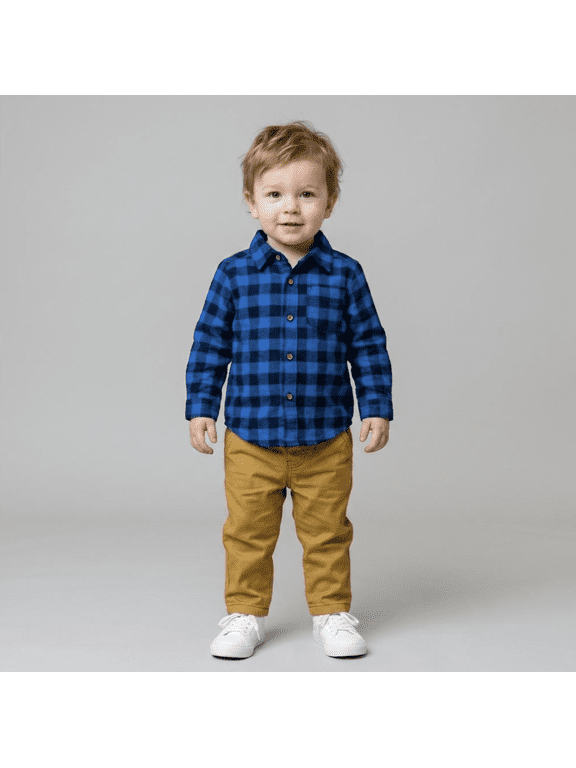 Carters Baby Boys Brown Pants & Long Sleeve Plaid Blue Shirt Outfit Set 12Months