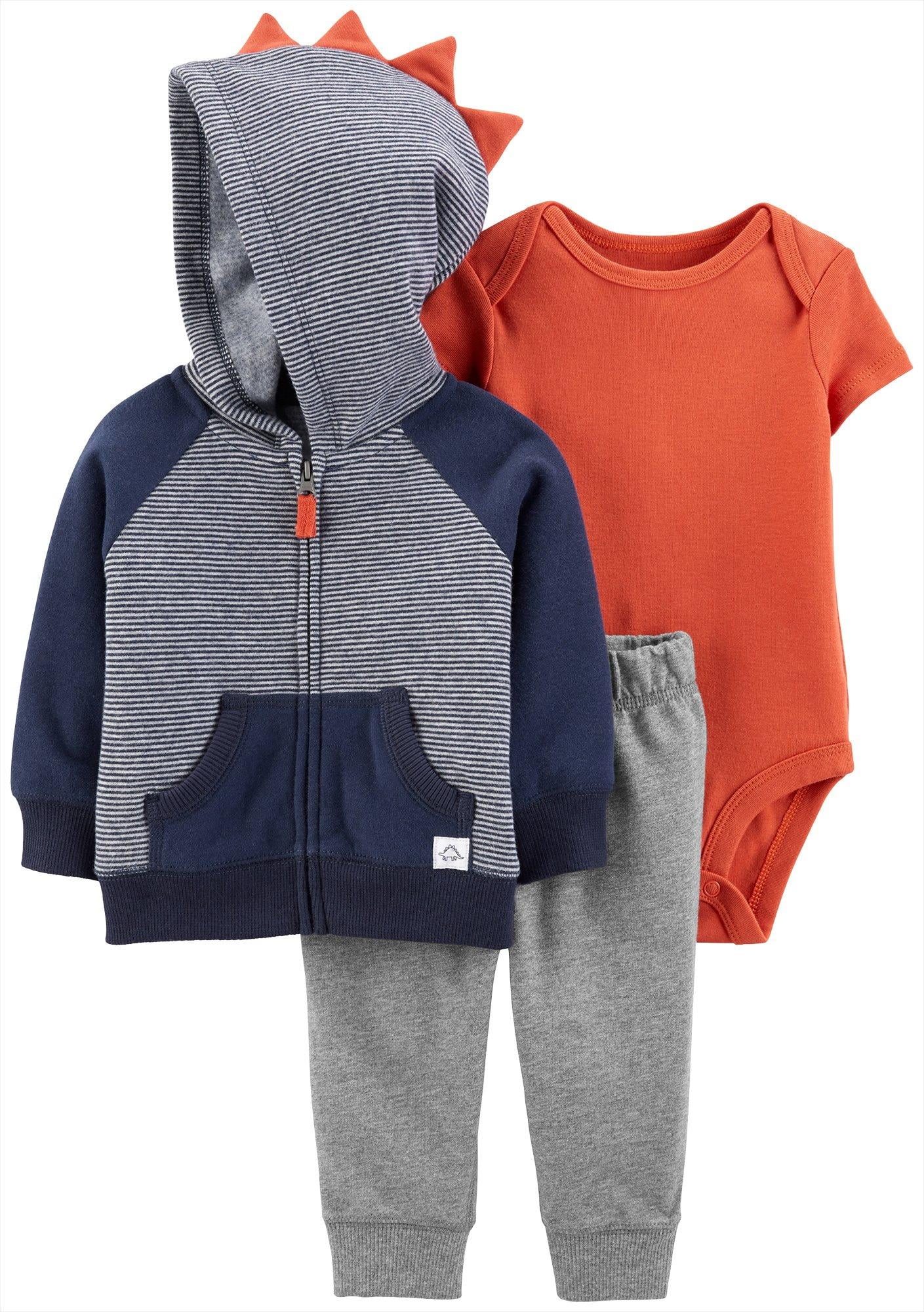 Carters Baby Boys 3 pc. Striped Dino Hoodie Bodysuit Set 3 Month Navy blue orange grey