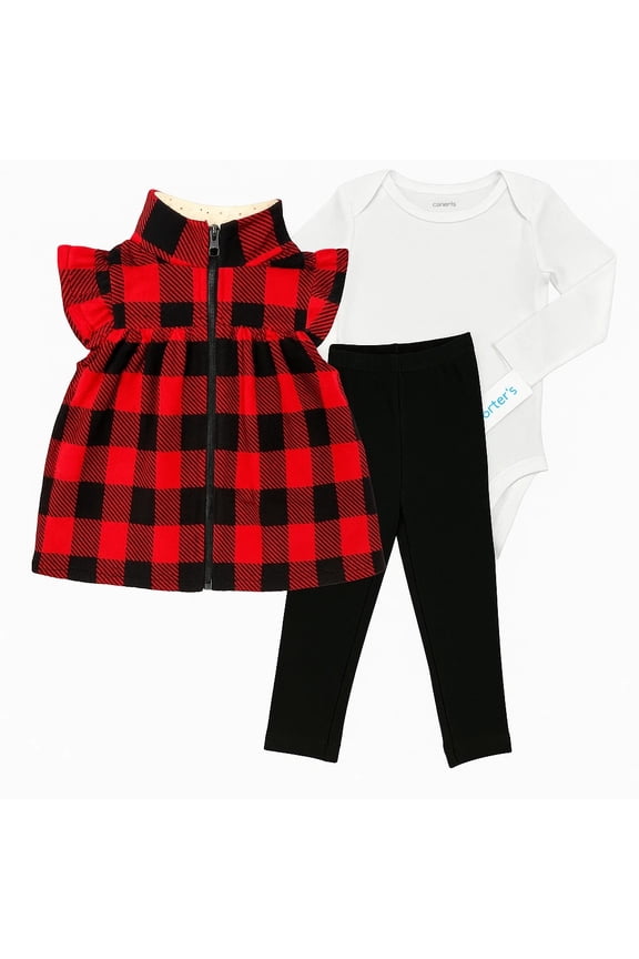 Carters Baby Girls Buffalo Check Vest Bodysuit & Pants Outfit Set 24M Red Black