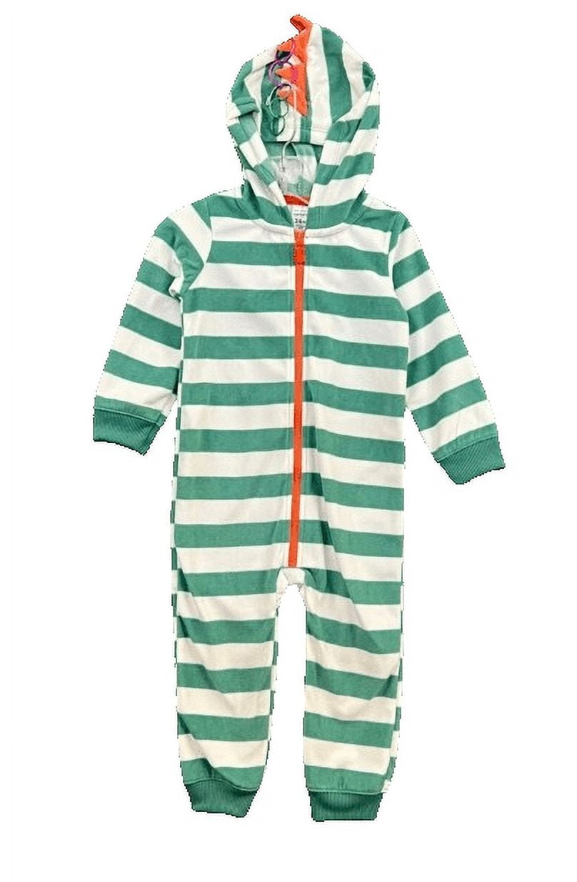 Carters Infant Boy Green Stripe Dino Hooded Fleece Jumpsuit Coverall Outfit 18m