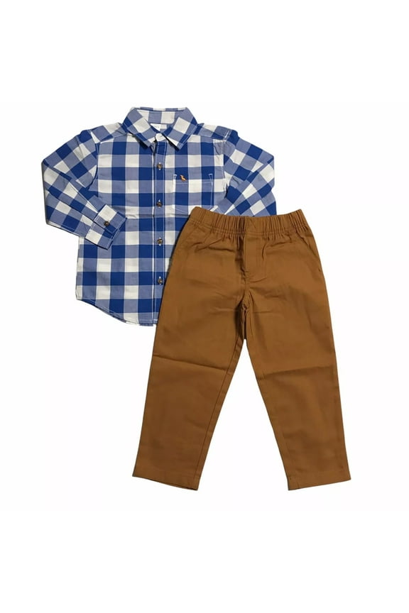 Carters Toddler Boys Casual Fat Front Pants & Plaided Shirt Set Sz 4T Blue-Brown