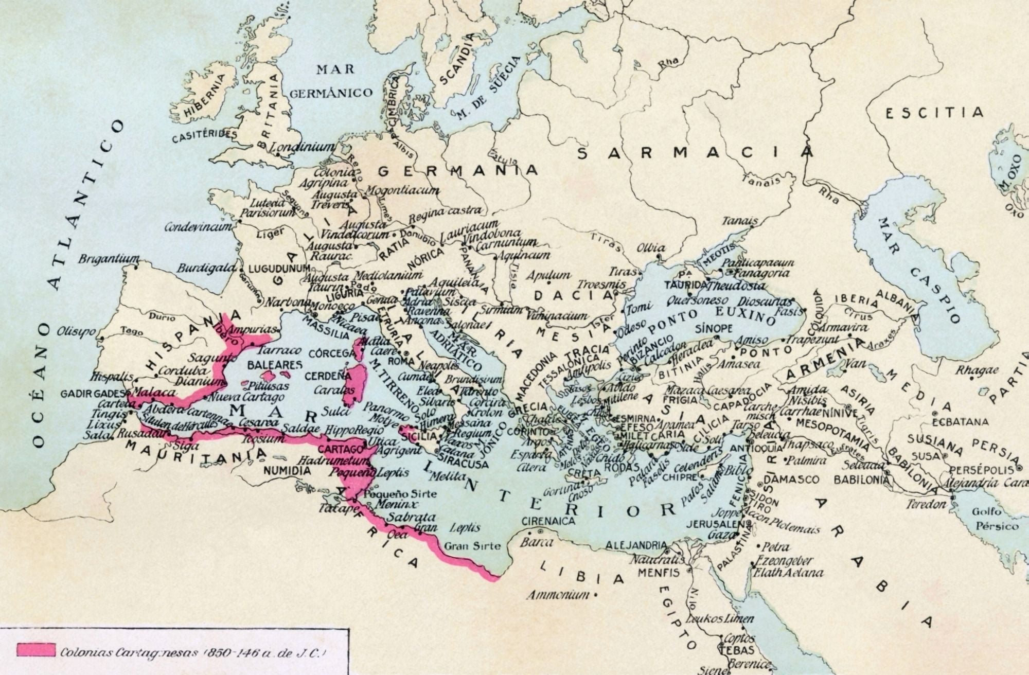 Carthaginian Colonies And Area Of Influence In The Mediterranean 850 To 146 B C From Historia De Las Naciones Published Circa 1921 Canvas Art - Ken Welsh Design Pics (18 x 11)