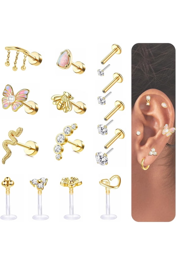 Cartilage Earrings Tragus Helix Conch Flatback Piercing Jewelry Hypoallergenic 16G 316L Surgical Stainless Steel Labret Studs Push In Flat Back Stud Earrings[Z1]