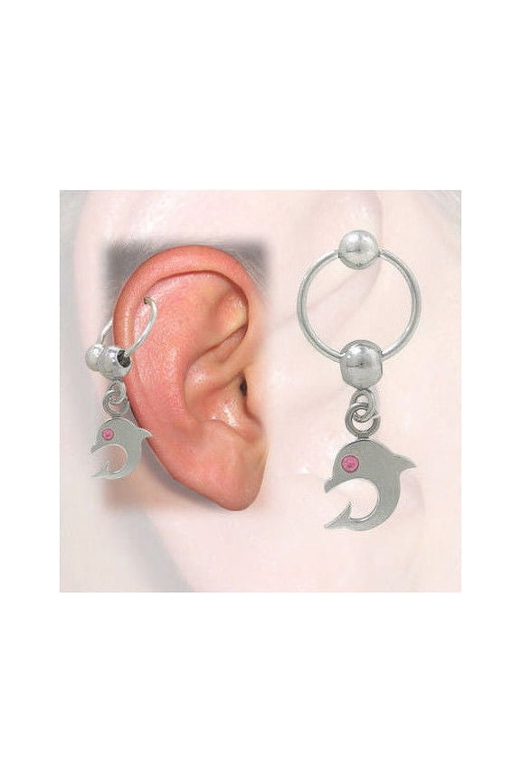 Cartilage - Tragus Dolphin Design with Jewels (16G-3/8 In-10mm)