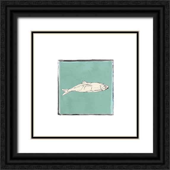 Cartissi 26x26 Black Ornate Wood Framed with Double Matting Museum Art Print Titled - Block Print Fish II