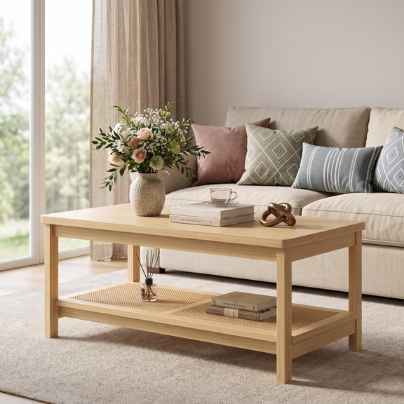 Cartman 2-Tier Rectangular Coffee Table, Boho Center Table with Rattan Storage Shelf, Easy Assembly, 39.4" l