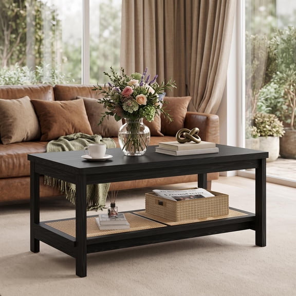 Cartman 2-Tier Rectangular Coffee Table, Boho Center Table with Rattan Storage Shelf, Easy Assembly, 39.4" l