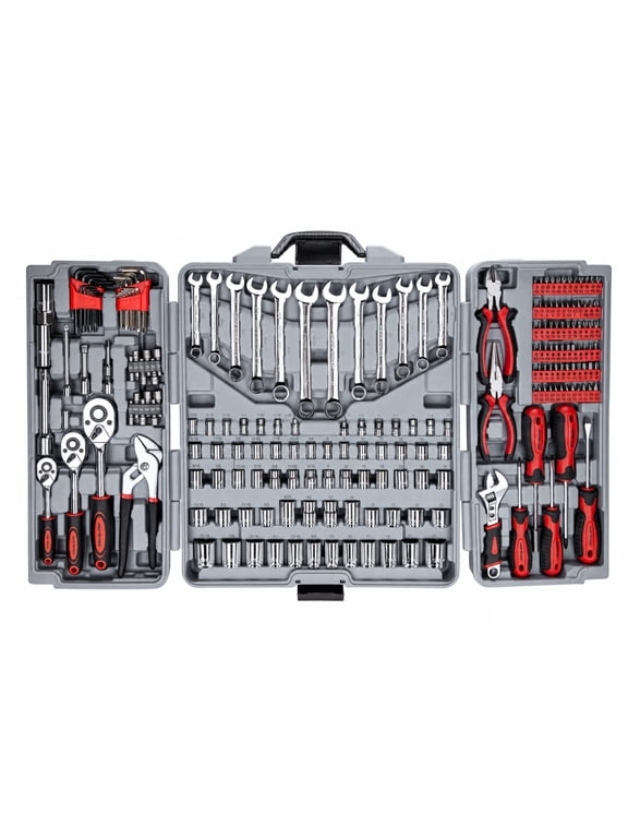 205 Piece Tool Set Ratchet Wrench with Sockets Kit in Plastic Toolbox Red