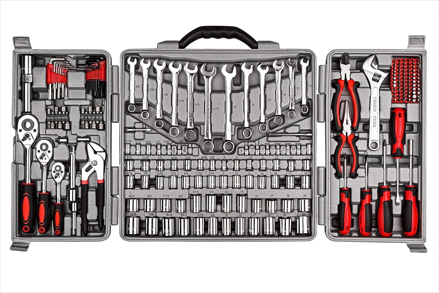 Cartman 205 Piece Tool Set Ratchet Wrench with Sockets Kit in Plastic Toolbox Red