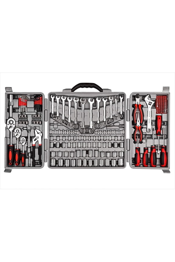 205 Piece Tool Set Ratchet Wrench with Sockets Kit in Plastic Toolbox Red