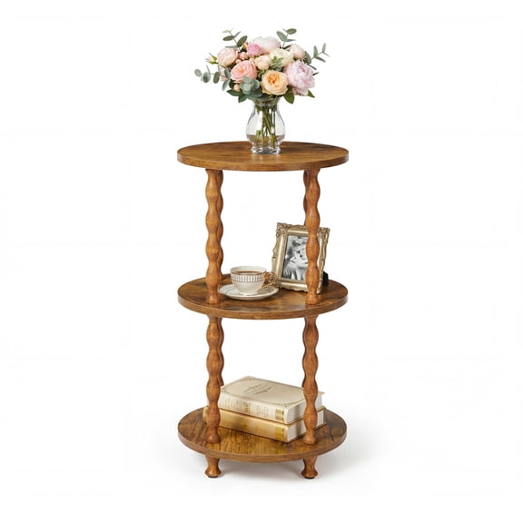 Cartman 3-Tier Round Side Table, Compact End Table/Bedside Table with Storage Shelf - Spiral Support, Wood Legs, Modern Vintage Accent Table for Living Room Bedroom Office, Easy Assembly