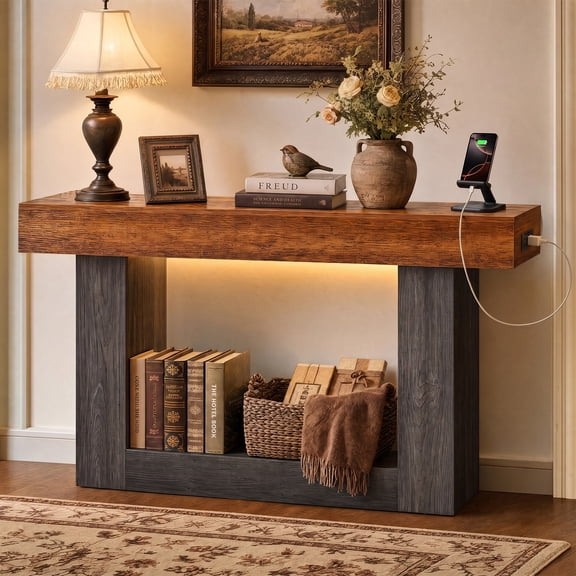 Cartman 55 Inch Farmhouse Console Table with Charging Station (Power Outlets) and LED Lights, 2-Tier Storage Shelf, Geometric Wood Entryway/Sofa Table for Behind Couch