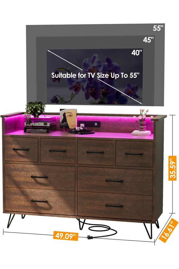 8-Drawer Antique Dark Dresser, Modern Storage Chest with LED Lights & Charging Outlet for Home Organization
