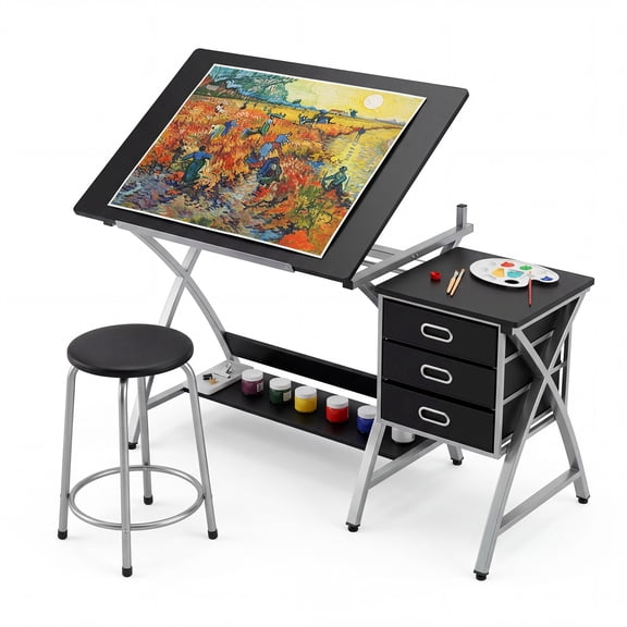 Cartman Adjustable Modern Drawing Computer Desk with Stool and 3 Storage Drawers Tiltable Workstation for Artists, Designers & Home Office Multifunctional Art Table, 128.3 x 61 x 114.3 cm