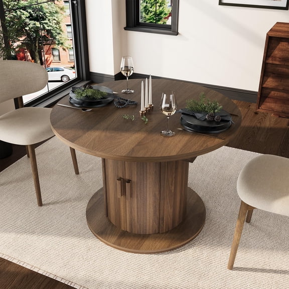 Cartman Extendable Oval Dining Table with Hidden Leaf & Roll-Up Storage Cabinet – 43-59 Inch Space-Saving for 4-8 People, Mid-Century Modern Farmhouse Kitchen Table
