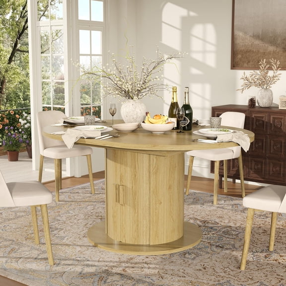 Cartman Extendable Oval Dining Table with Hidden Leaf & Roll-Up Storage Cabinet – 43-59 Inch Space-Saving for 4-8 People, Mid-Century Modern Farmhouse Kitchen Table