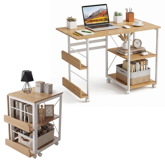 Cartman Folding Computer Desk with Storage Shelf - Mobile Rolling Writing Table for Small Spaces, Locking Casters, Space-Saving Compact Home Office Study Desk, 41 Inch