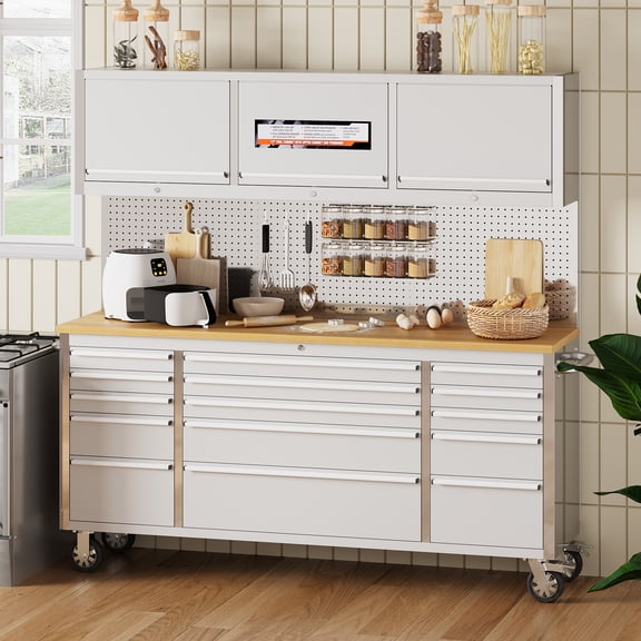 Cartman Heavy-Duty Stainless Steel Rolling Tool Cabinet & Workbench 72 Inch, 15 Lockable Drawers, 3 Cabinets, Large Pegboard, Rubber Wood Top, Mobile Garage Tool Chest for Home