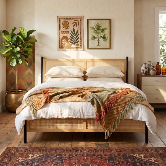 Cartman Rattan Queen Bed Frame with Headboard,Boho Bed Frame Queen Size with Hand Woven Wicker Headboard & Footboard,Mid Century Modern Platform Queen Size Bed, Wood Slats,No Box Spring Needed