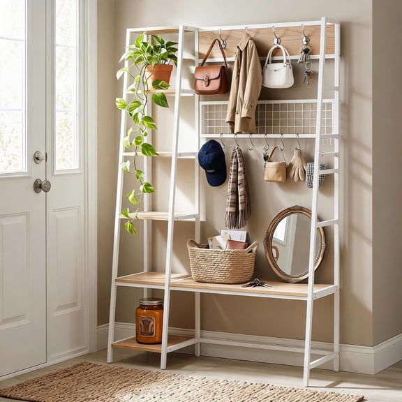 Cartman Space-Saving Industrial Hall Tree with Bench – 11 Hooks – 5-Tier Shoe & Side Storage Shelves – Freestanding Entryway Coat Rack Organizer for Mudroom or Foyer