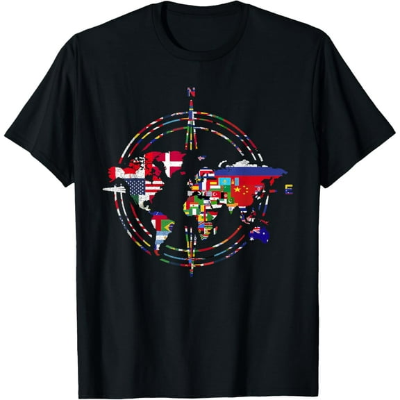 Cartography International World Flags Compass World Map T-ShirtMen and women, Black T-shirt, size: Extra large