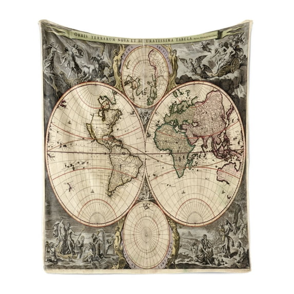 Cartography Soft Flannel Fleece Throw Blanket, Vintage World Map Atlas with Greek Atlantic and Continents, Cozy Plush for Indoor and Outdoor Use, 50" x 60", Taupe Champagne, by Ambesonne