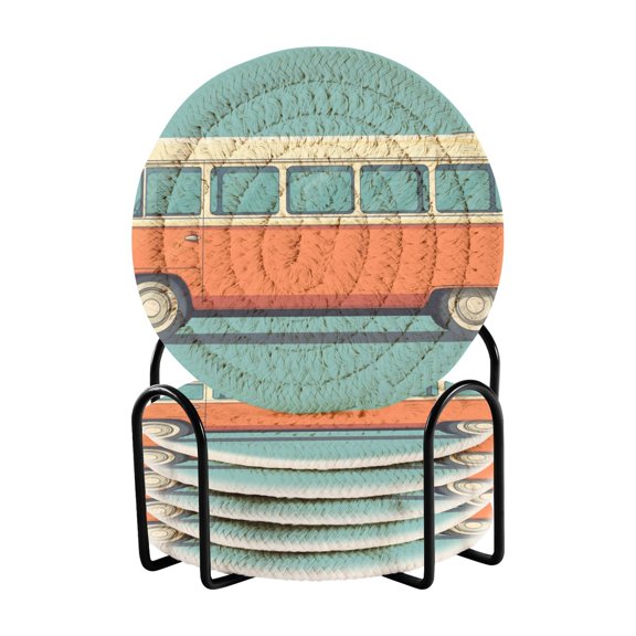 Carton Bus Coasters with Holder for Coffee Table 6 Pcs Drink Coaster Sets Absorbent for Home Decor 4 inch