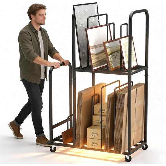 Carton Cart,Cardboard Organizer with 8 Adjustable Sections,Adjustable Two-Tier Carton Stand on Locking Casters,Mobile Packing Station Cart for Business,Retail and Home Use