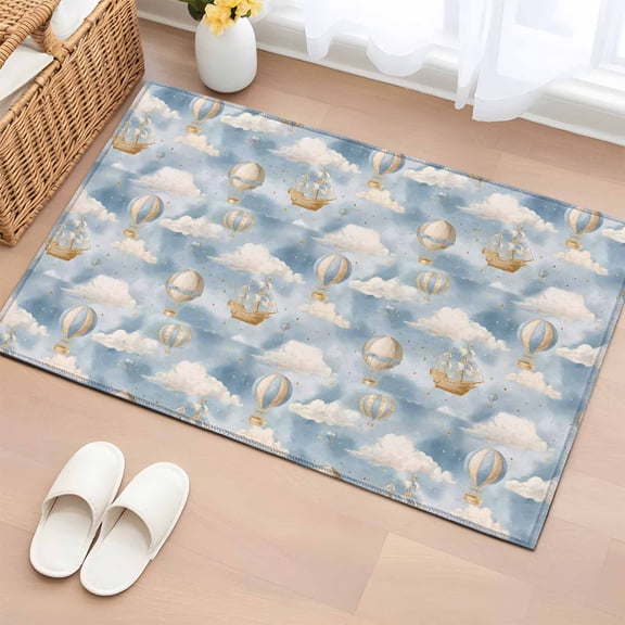 Cartoon 2'x3' Rug for Entryway Front Door Kitchen Sink Area, Watercolor Blue Sky Fantasy Hot Air Balloon Cute Cloud Low Pile Non Slip Rectangle Area Rug, Machine Washable Indoor Outdoor Mat