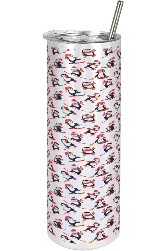 Cartoon 20 Oz Skinny Tumbler, Demonstration of Penguins Skiing Snow Winter Time Ear Muffs Hobby Themed, Leak-Proof Straw Lid and Brush Vacuum Insulated for Outdoor Use, Coral and Dark Grey