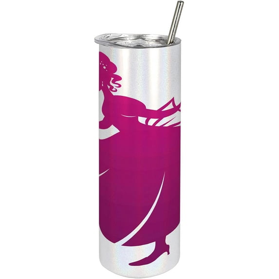 Cartoon 20 Oz Skinny Tumbler, Silhouette of Cinderella Wearing Her Glass Slipper Popular Tale, Leak-Proof Straw Lid and Brush Vacuum Insulated for Outdoor Use, Magenta White