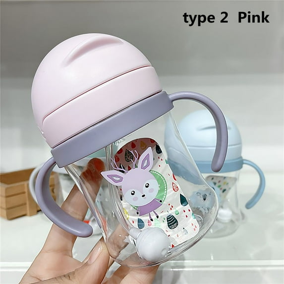 Cartoon 250ML Toddler and Kids Handle Feeding Cup Sippy Cups with Straw Gravity Ball Child Learning Cup PINK TYPE 2