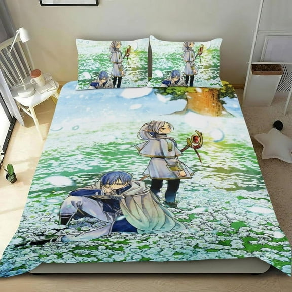 Cartoon 3 Piece Bedding Set Frieren: Beyond Journey's End Comforter Set Cute Duvet Cover Sets Super Soft Girls Bedding Set Kids Bedroom Gifts,1 Duvet Cover with 2 Pillowcases Twin