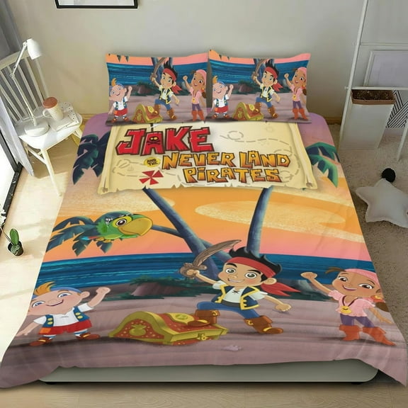 Cartoon 3 Piece Bedding Set Jake and the Never Land Pirates Movie Comforter Set Cute Duvet Cover Sets Super Soft Girls Bedding Set Kids Bedroom Gifts,1 Duvet Cover with 2 Pillowcases Twin