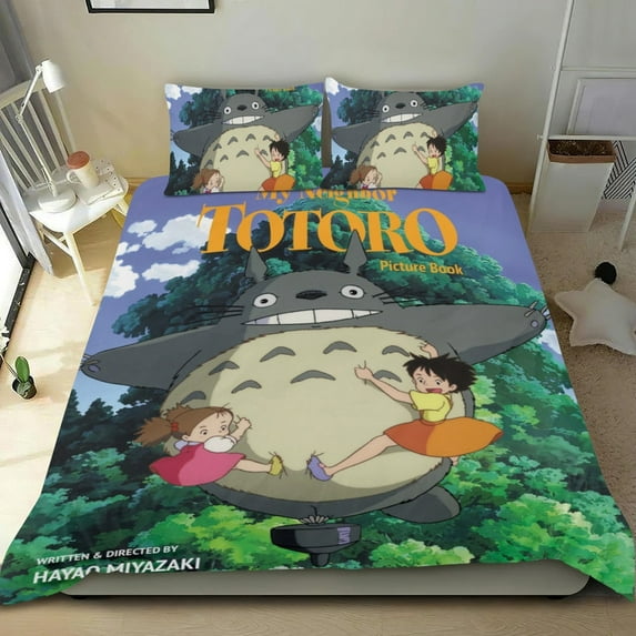 Cartoon 3 Piece Bedding Set My Neighbor Totoro Comforter Set Cute Duvet Cover Sets Super Soft Girls Bedding Set Kids Bedroom Gifts,1 Duvet Cover with 2 Pillowcases Full