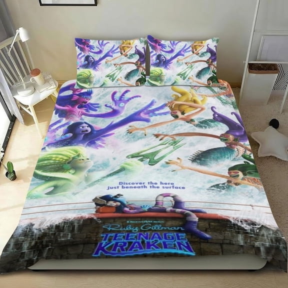 Cartoon 3 Piece Bedding Set Ruby Gillman, Teenage Kraken Comforter Set Cute Duvet Cover Sets Super Soft Girls Bedding Set Kids Bedroom Gifts,1 Duvet Cover with 2 Pillowcases Full