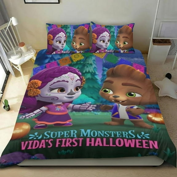 Cartoon 3 Piece Bedding Set Super Monsters Vida's First Halloween Comforter Set Cute Duvet Cover Sets Super Soft Girls Bedding Set Kids Bedroom Gifts,1 Duvet Cover with 2 Pillowcases Twin